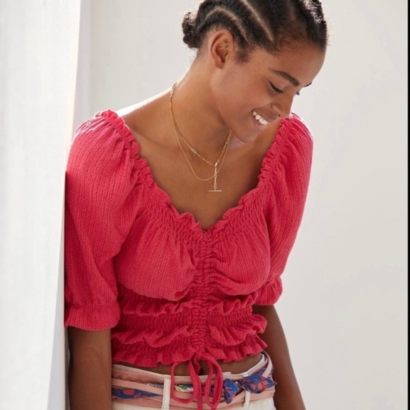 Anthropologie Pilcro Puff Sleeved Crop Top in Rose Red Pink Small - Picture 3 of 12